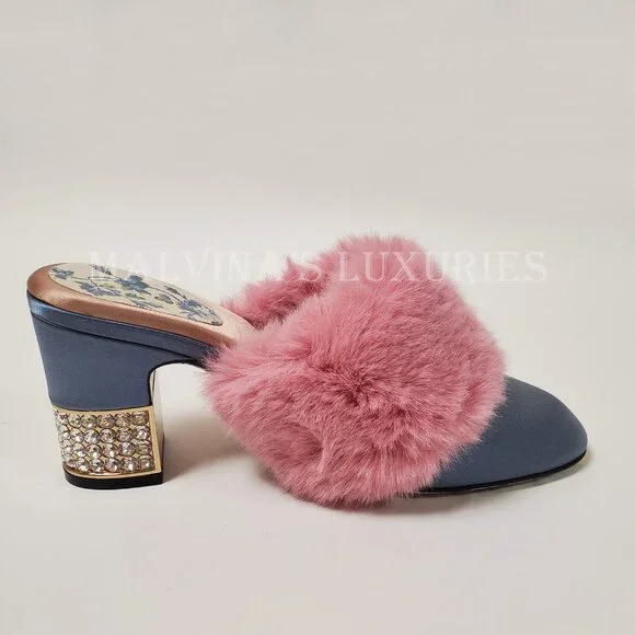 GUCCI SHOES CANDY SATIN AND FAUX FUR MULES CRYSTAL HEEL sz IT 35.5 US 5.5 - Picture 10 of 16